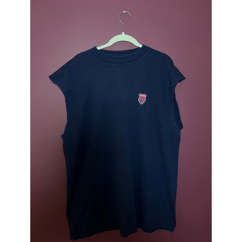 Vintage K-Swiss Classic Sleeveless T-Shirt Navy Blue Muscle Tee Made in USA